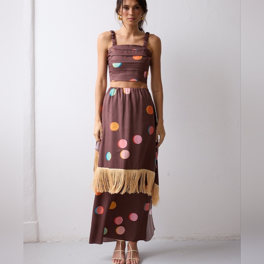 SIENNA Designed In Lisbon Nwt Miranda Polka Dot Fringe Skirt Top Set Sz S/M